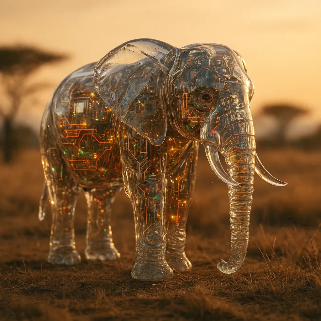 Example output from the Crystal-Clear Cyber Animals ChatGPT prompt: transparent animal sculptures with glowing tech interior. Elephant.