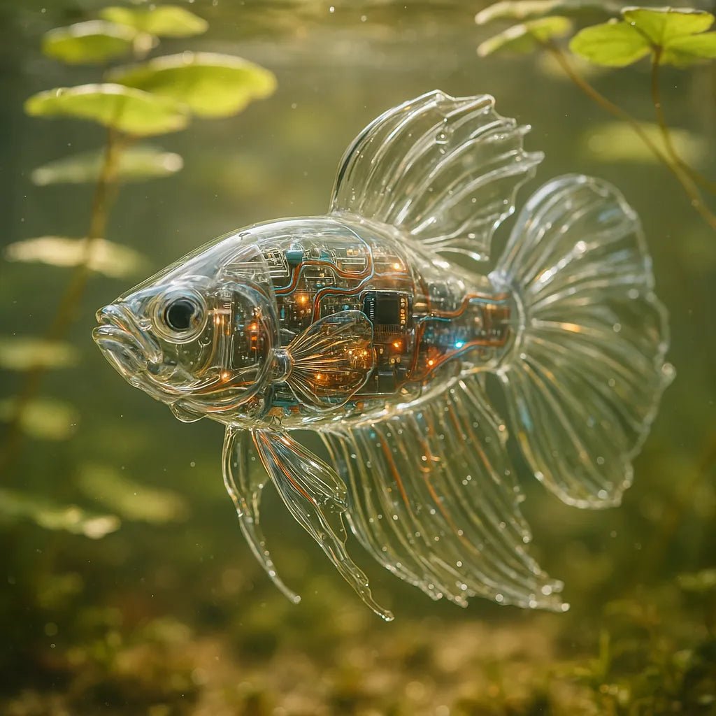 Example output from the Crystal-Clear Cyber Animals ChatGPT prompt: transparent animal sculptures with glowing tech interior. Fish.