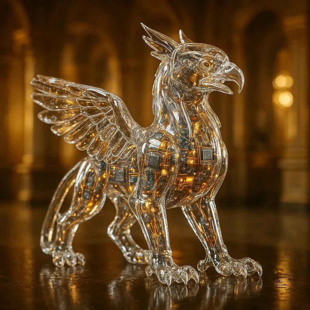 Example output from the Crystal-Clear Cyber Animals ChatGPT prompt: transparent animal sculptures with glowing tech interior. Griffin.