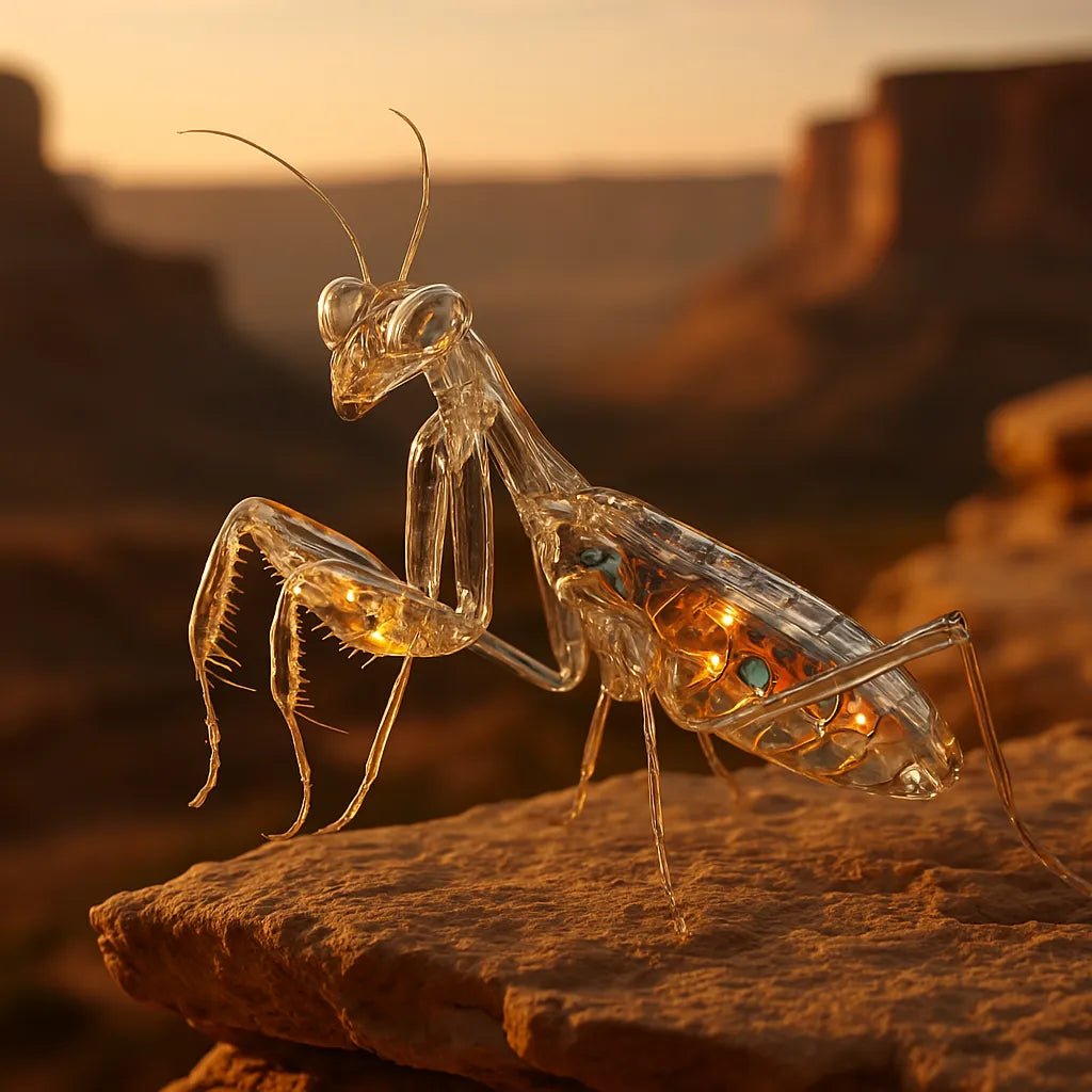 Example output from the Crystal-Clear Cyber Animals ChatGPT prompt: transparent animal sculptures with glowing tech interior. Mantis.