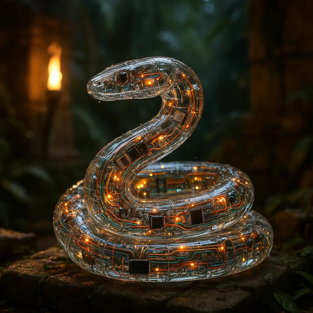 Example output from the Crystal-Clear Cyber Animals ChatGPT prompt: transparent animal sculptures with glowing tech interior. Snake.