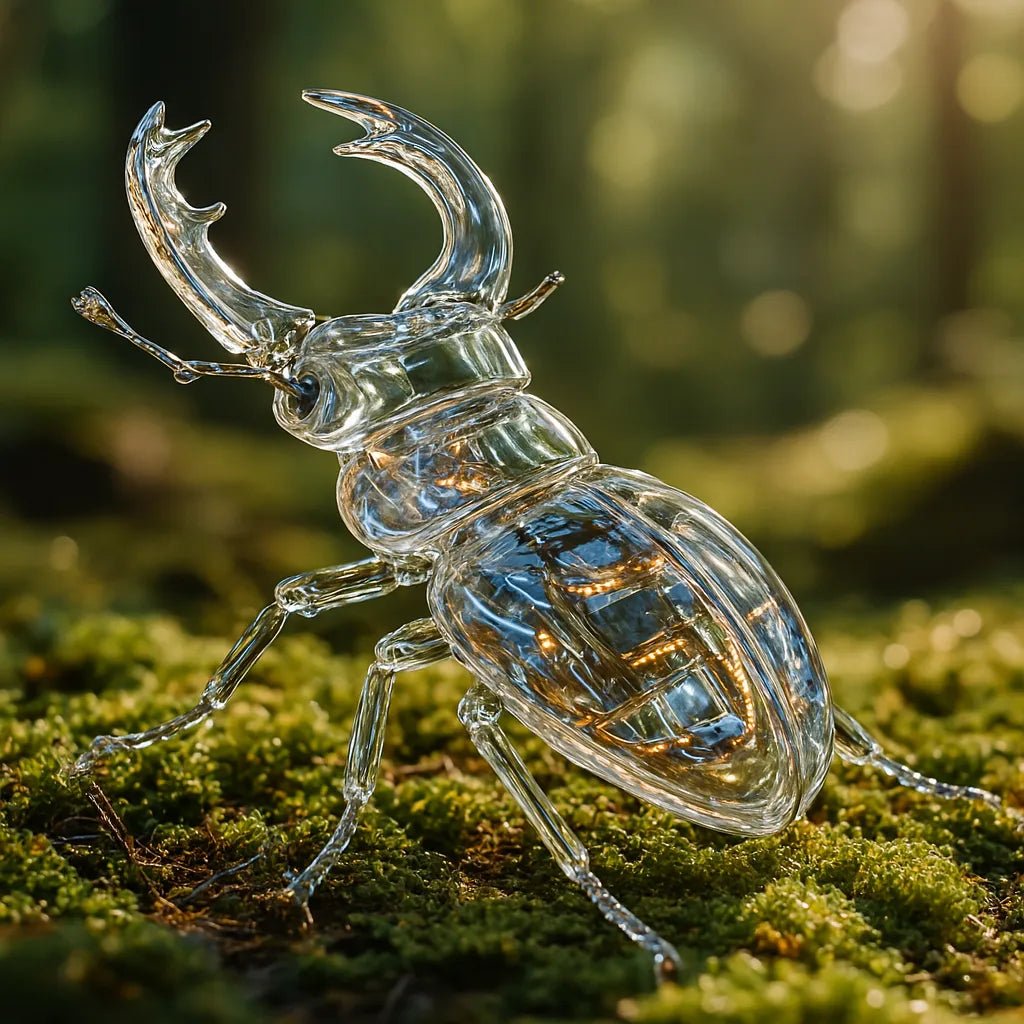 Example output from the Crystal-Clear Cyber Animals ChatGPT prompt: transparent animal sculptures with glowing tech interior. Stag Beetle.
