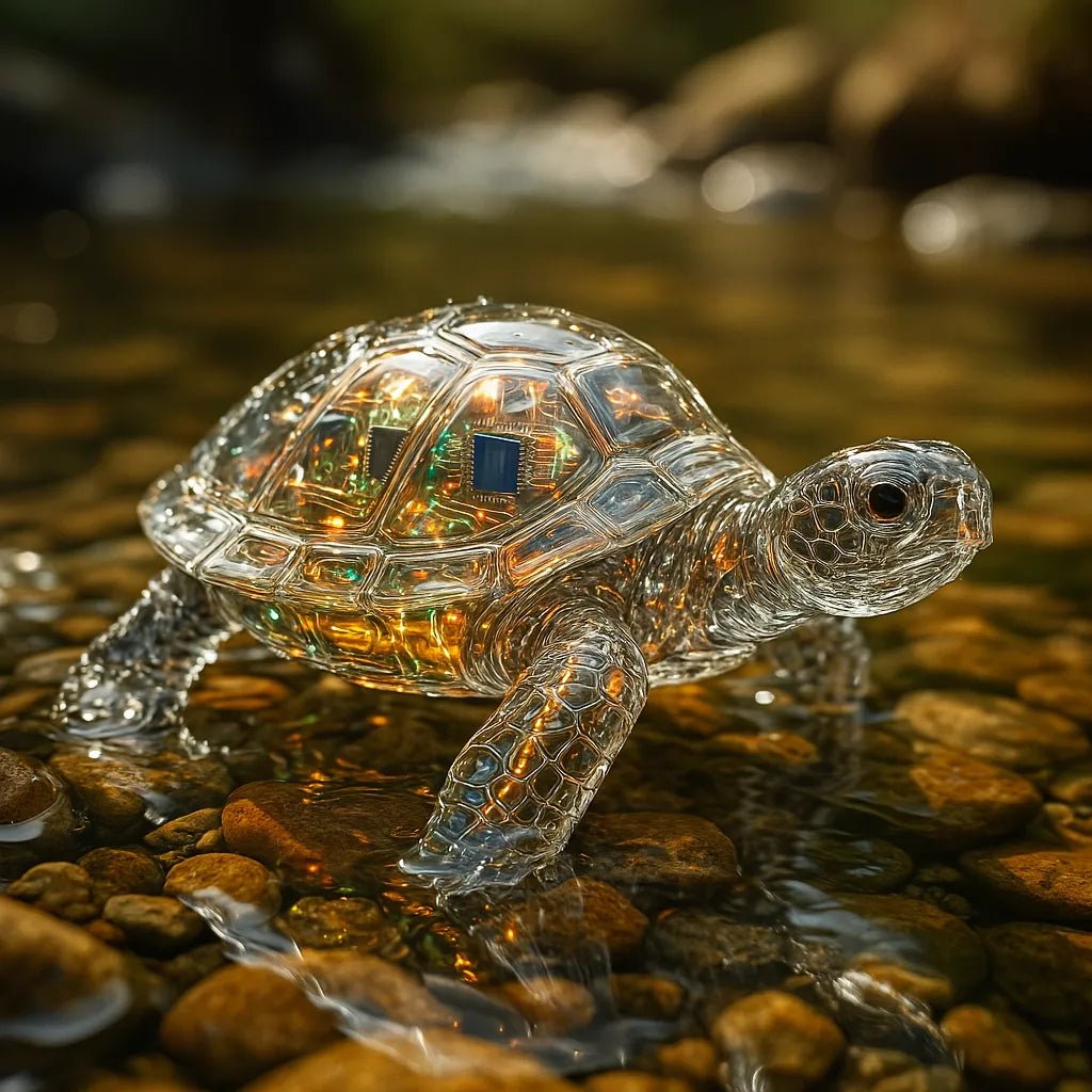 Example output from the Crystal-Clear Cyber Animals ChatGPT prompt: transparent animal sculptures with glowing tech interior. Turtle.