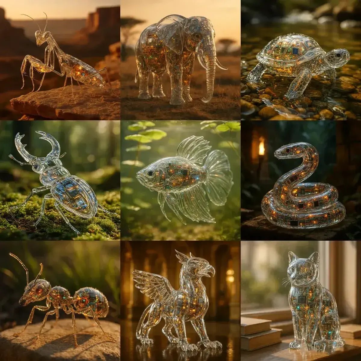 Example output from the Crystal-Clear Cyber Animals ChatGPT prompt: transparent animal sculptures with glowing tech interiors, featuring luminous circuits, cinematic color grading, and hyperreal glass-like detail.
