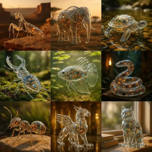 Example output from the Crystal-Clear Cyber Animals ChatGPT prompt: transparent animal sculptures with glowing tech interiors, featuring luminous circuits, cinematic color grading, and hyperreal glass-like detail.