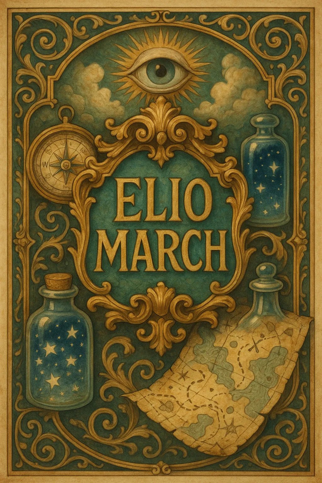 Example output from the Custom Crest Bookplates ChatGPT prompt: surrealist bookplate designs with ornate crests, personalized names, intricate symbolism, and vintage-style layout—ideal for collectors and creative gifting. Elio March.