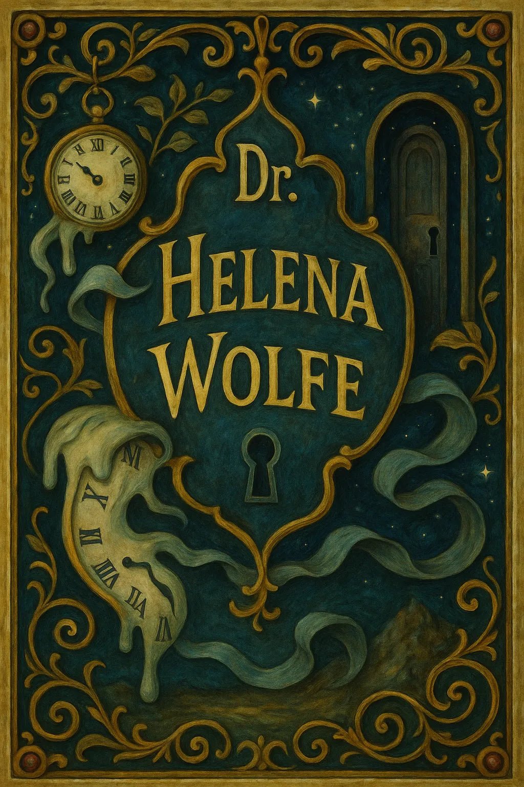 Example output from the Custom Crest Bookplates ChatGPT prompt: surrealist bookplate designs with ornate crests, personalized names, intricate symbolism, and vintage-style layout—ideal for collectors and creative gifting. Helena Wolfe.