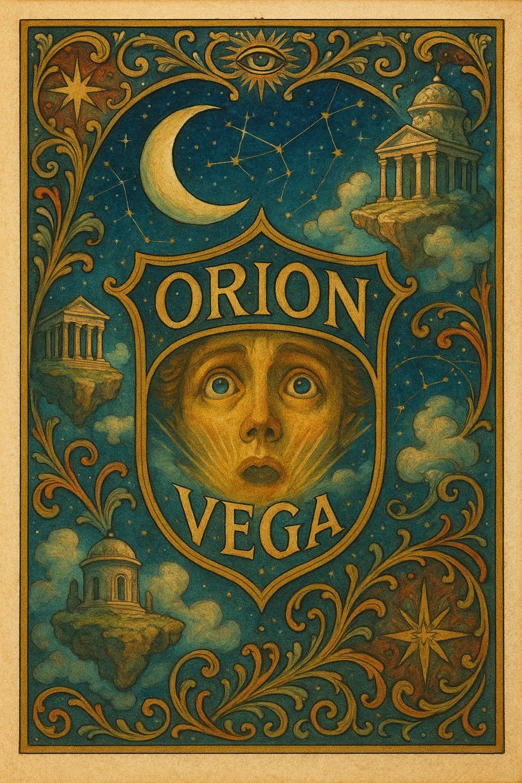 Example output from the Custom Crest Bookplates ChatGPT prompt: surrealist bookplate designs with ornate crests, personalized names, intricate symbolism, and vintage-style layout—ideal for collectors and creative gifting. Orion Vega.