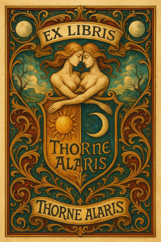 Example output from the Custom Crest Bookplates ChatGPT prompt: surrealist bookplate designs with ornate crests, personalized names, intricate symbolism, and vintage-style layout—ideal for collectors and creative gifting. Thorne Alaris.