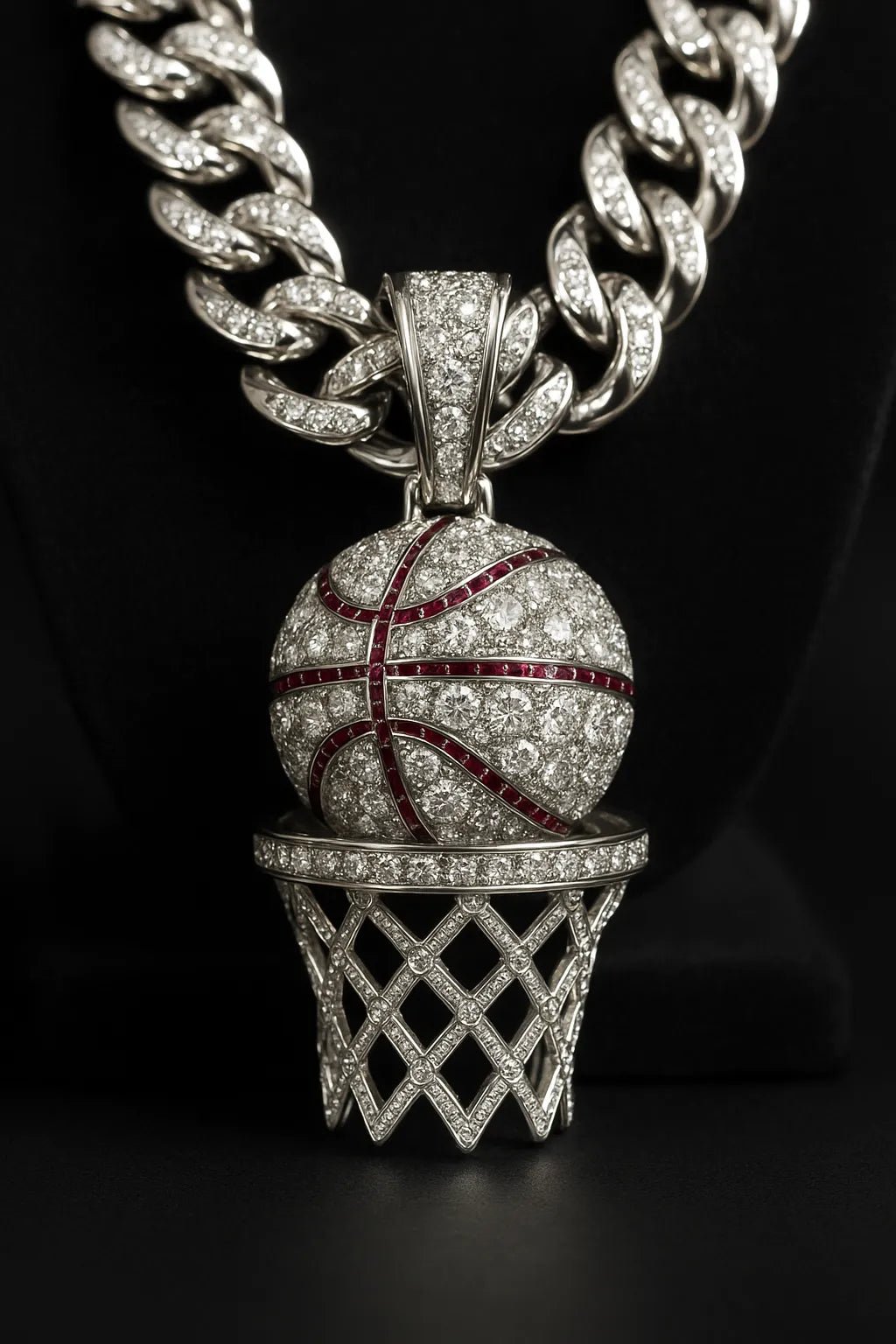 Example output from the Custom Iced Diamond & Ruby Pendant Shot ChatGPT prompt: Basketball Ballon.