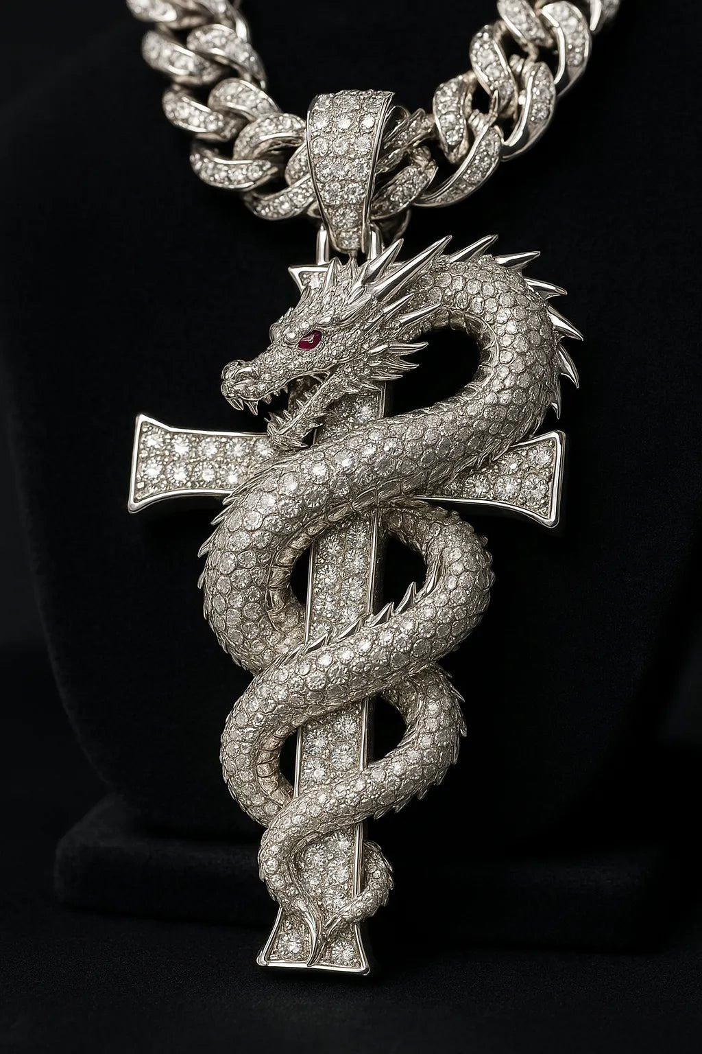 Example output from the Custom Iced Diamond & Ruby Pendant Shot ChatGPT prompt: Dragon on Cross.