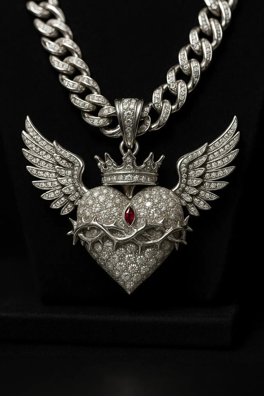 Example output from the Custom Iced Diamond & Ruby Pendant Shot ChatGPT prompt: Heart with Wings.