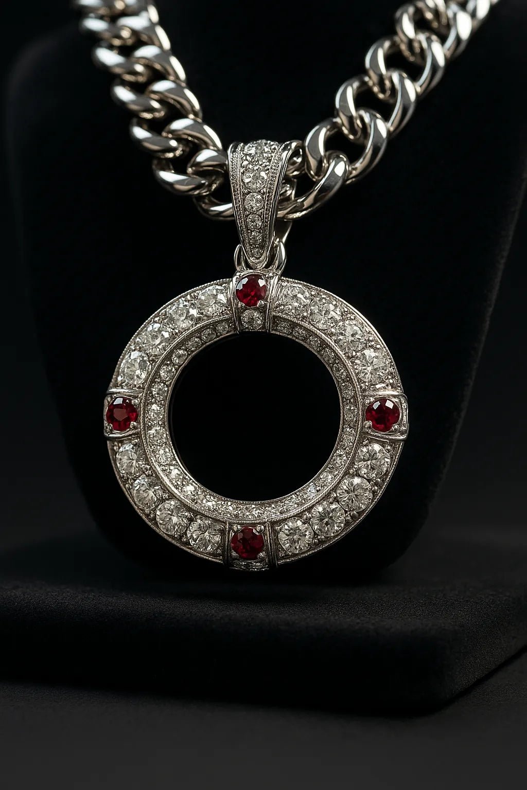 Example output from the Custom Iced Diamond & Ruby Pendant Shot ChatGPT prompt: Huge Ring.