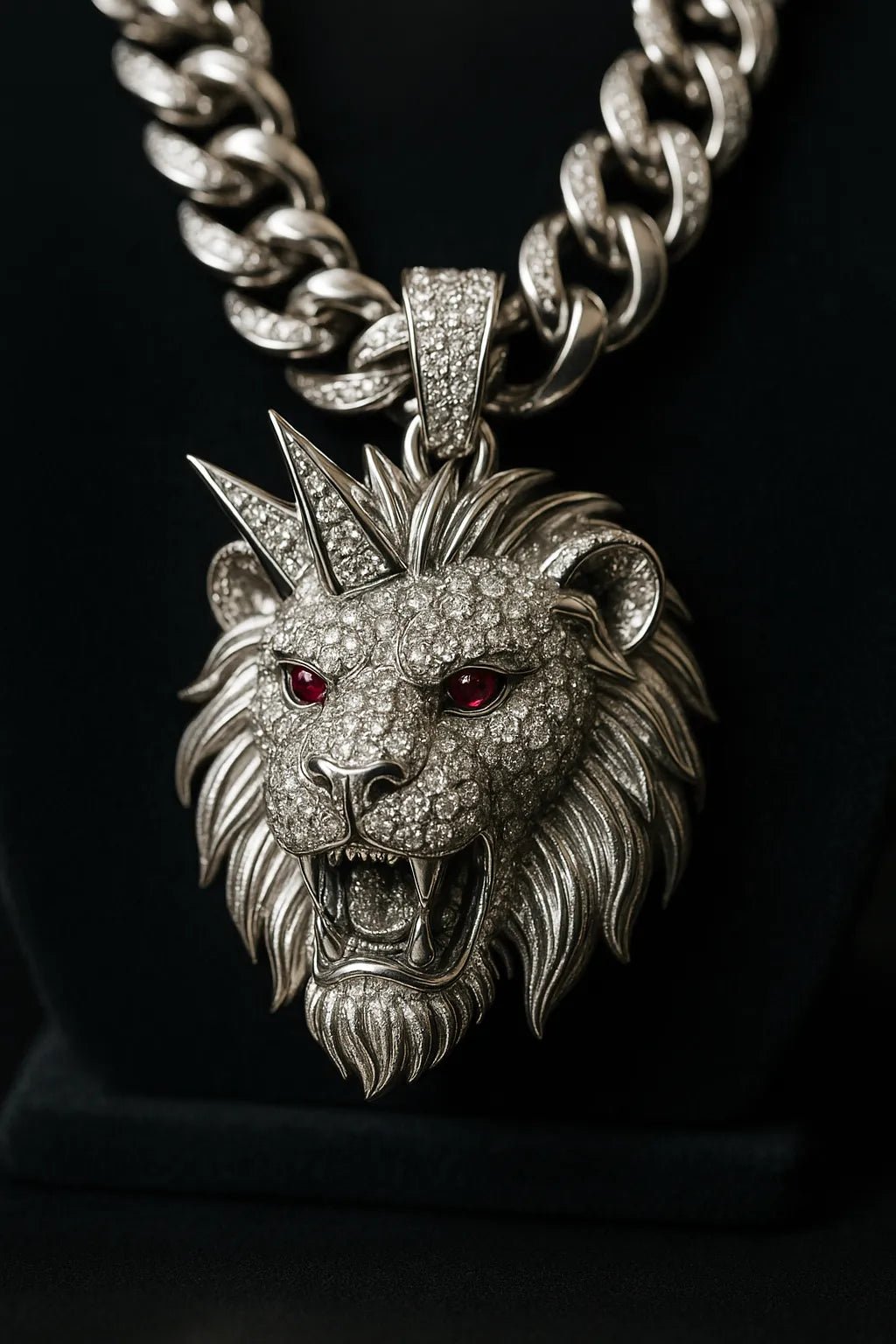 Example output from the Custom Iced Diamond & Ruby Pendant Shot ChatGPT prompt: Lion Head.