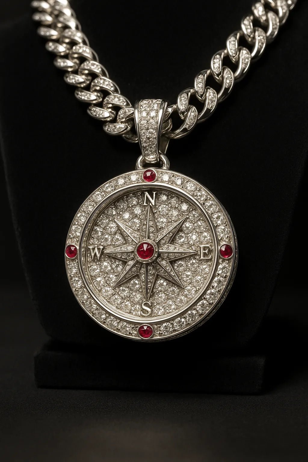 Example output from the Custom Iced Diamond & Ruby Pendant Shot ChatGPT prompt: Luxury Compass.