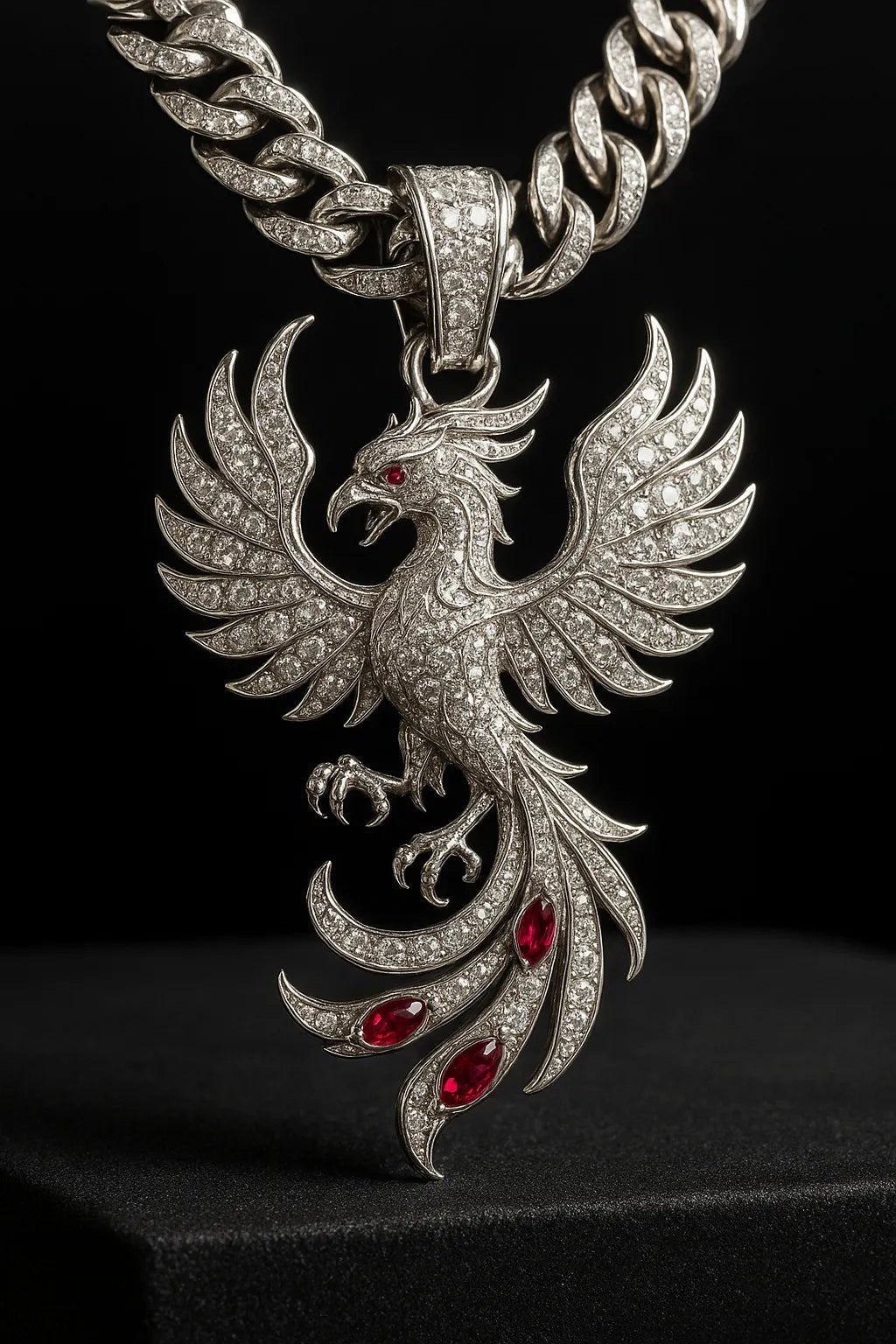 Example output from the Custom Iced Diamond & Ruby Pendant Shot ChatGPT prompt: Phoenix.