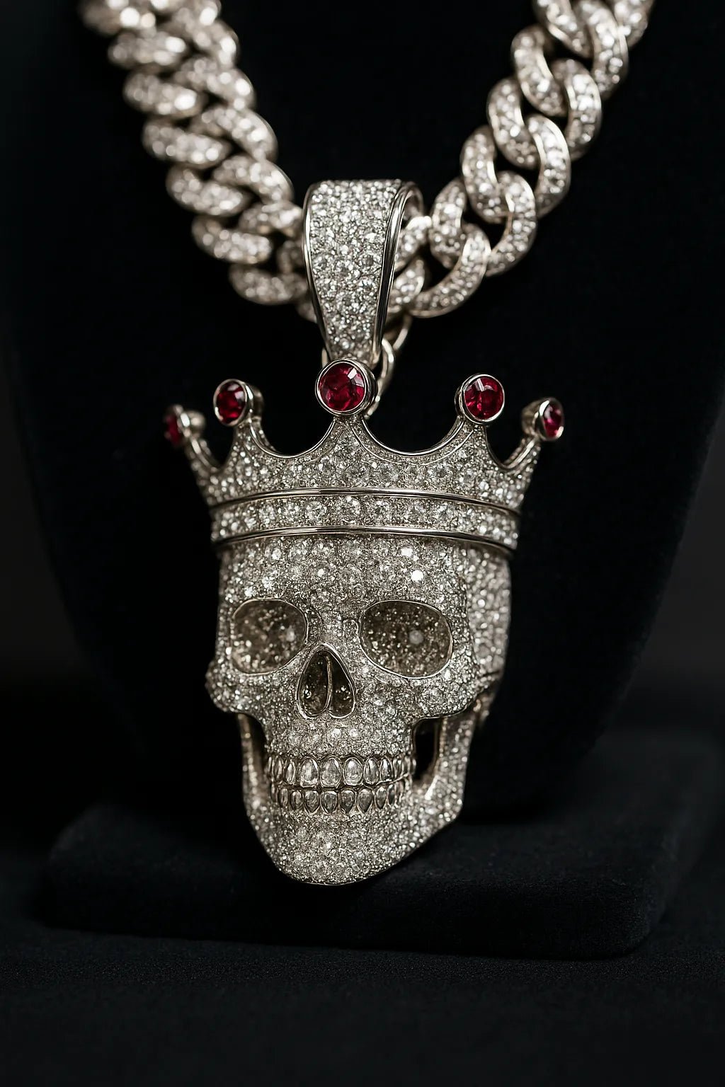 Example output from the Custom Iced Diamond & Ruby Pendant Shot ChatGPT prompt: Skull with Crown.