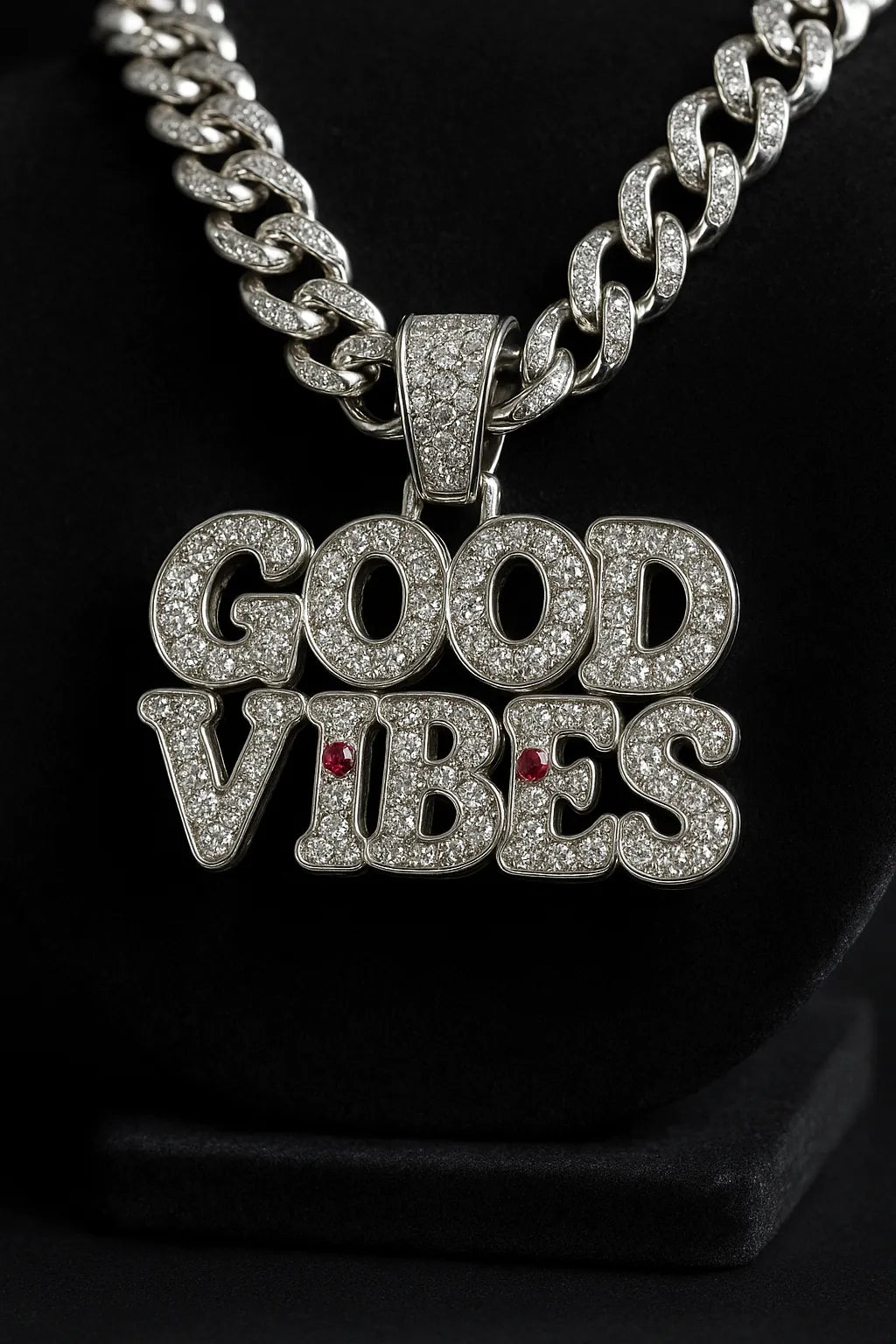 Example output from the Custom Iced Diamond & Ruby Pendant Shot ChatGPT prompt: Good Vibes.