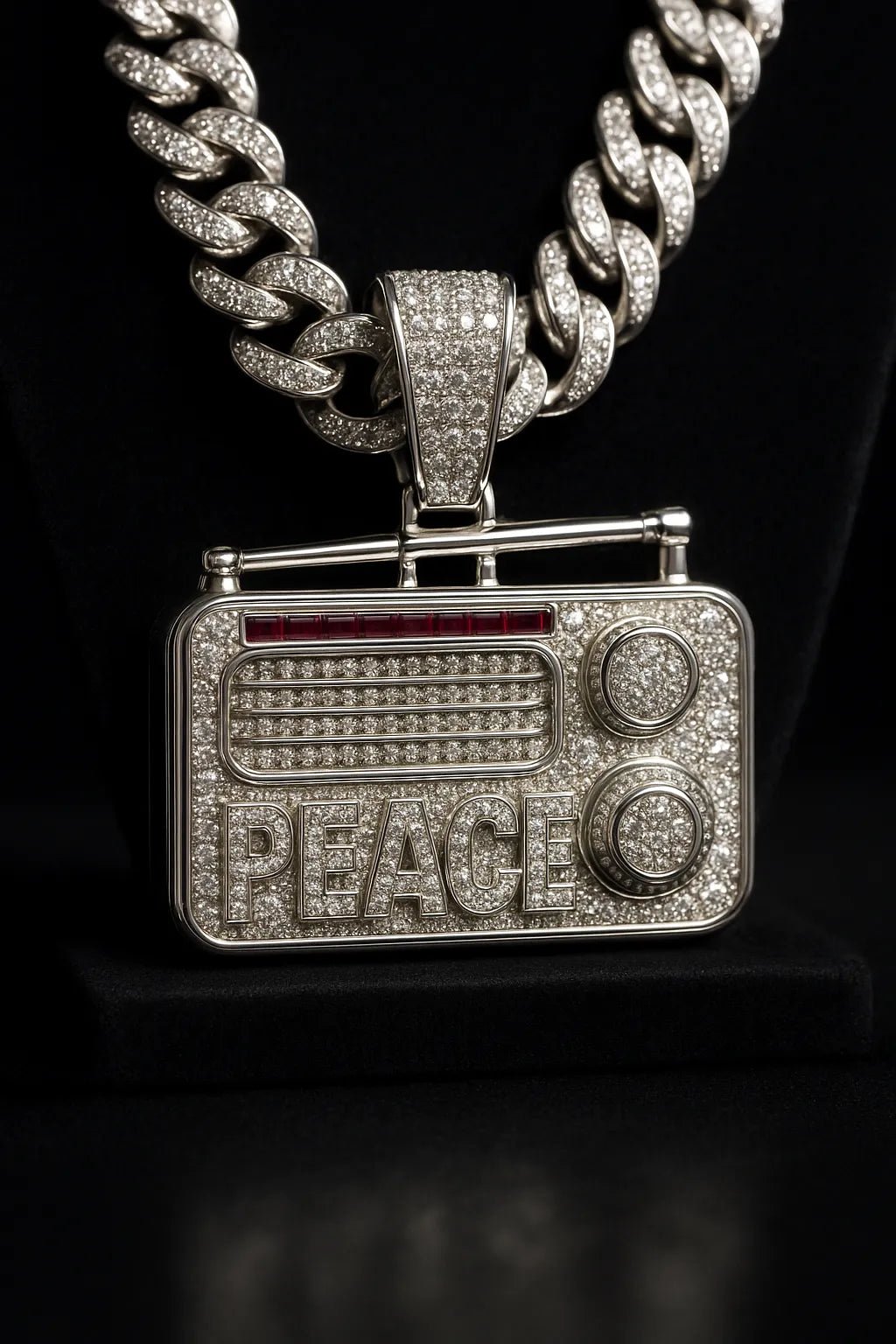 Example output from the Custom Iced Diamond & Ruby Pendant Shot ChatGPT prompt: Vintage Radio Peace