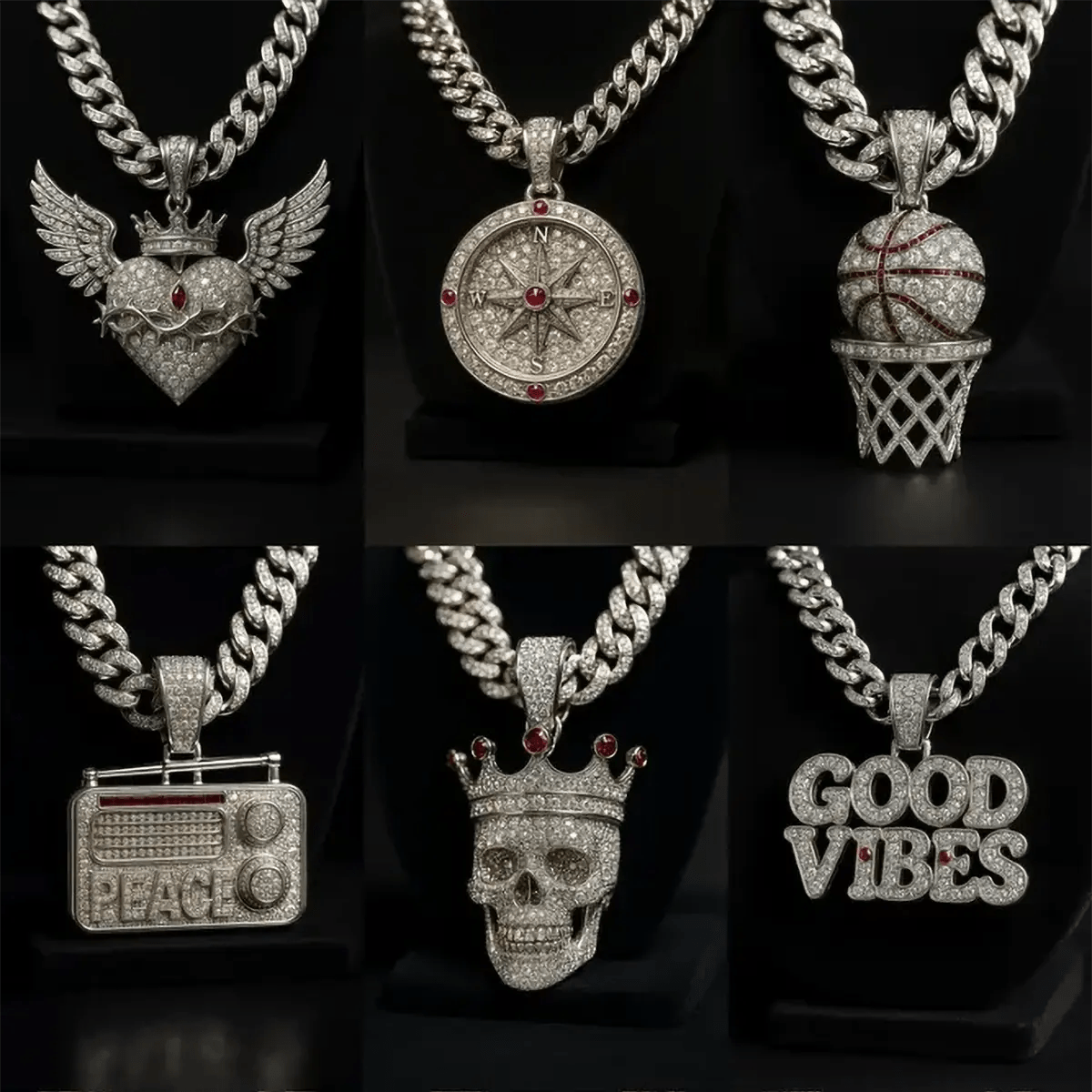 Example output from the Custom Iced Diamond & Ruby Pendant Shot ChatGPT prompt: hyper-detailed pendant renders in platinum and diamonds, featuring skulls, text logos, and icons under dramatic studio lighting with crisp reflections and shallow depth of field.