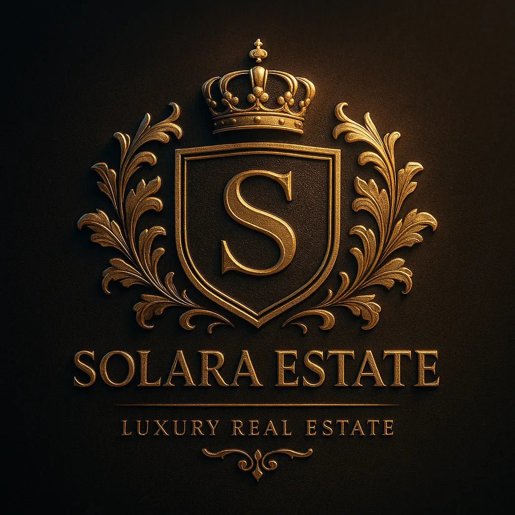 Example output from the Custom Luxury Brand Emblems ChatGPT prompt: elegant crest logos with embossed textures, soft lighting, dual-tone finishes, and regal symmetry—ideal for luxury branding. Solara Estate.