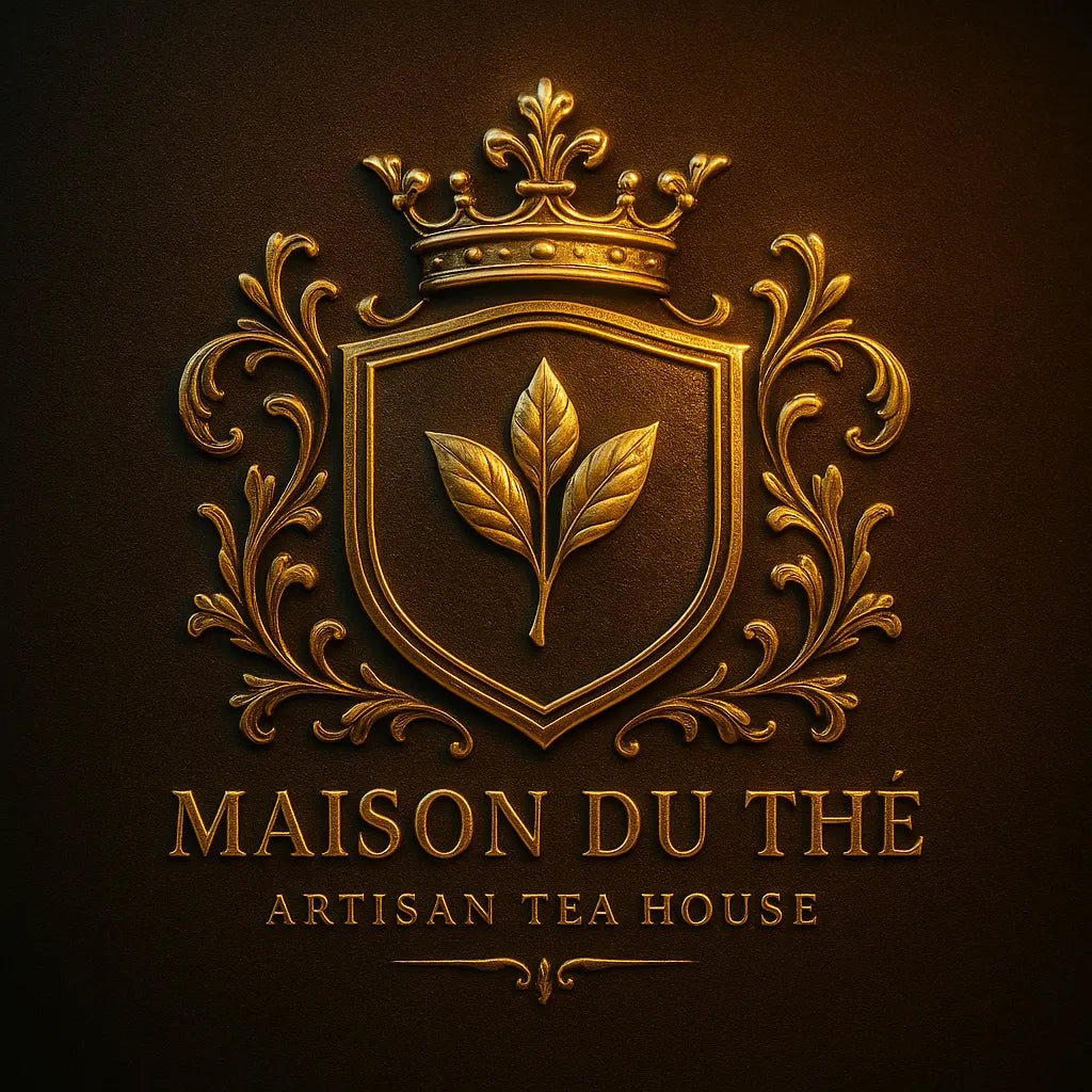Example output from the Custom Luxury Brand Emblems ChatGPT prompt: elegant crest logos with embossed textures, soft lighting, dual-tone finishes, and regal symmetry—ideal for luxury branding. Maison Du Thé.