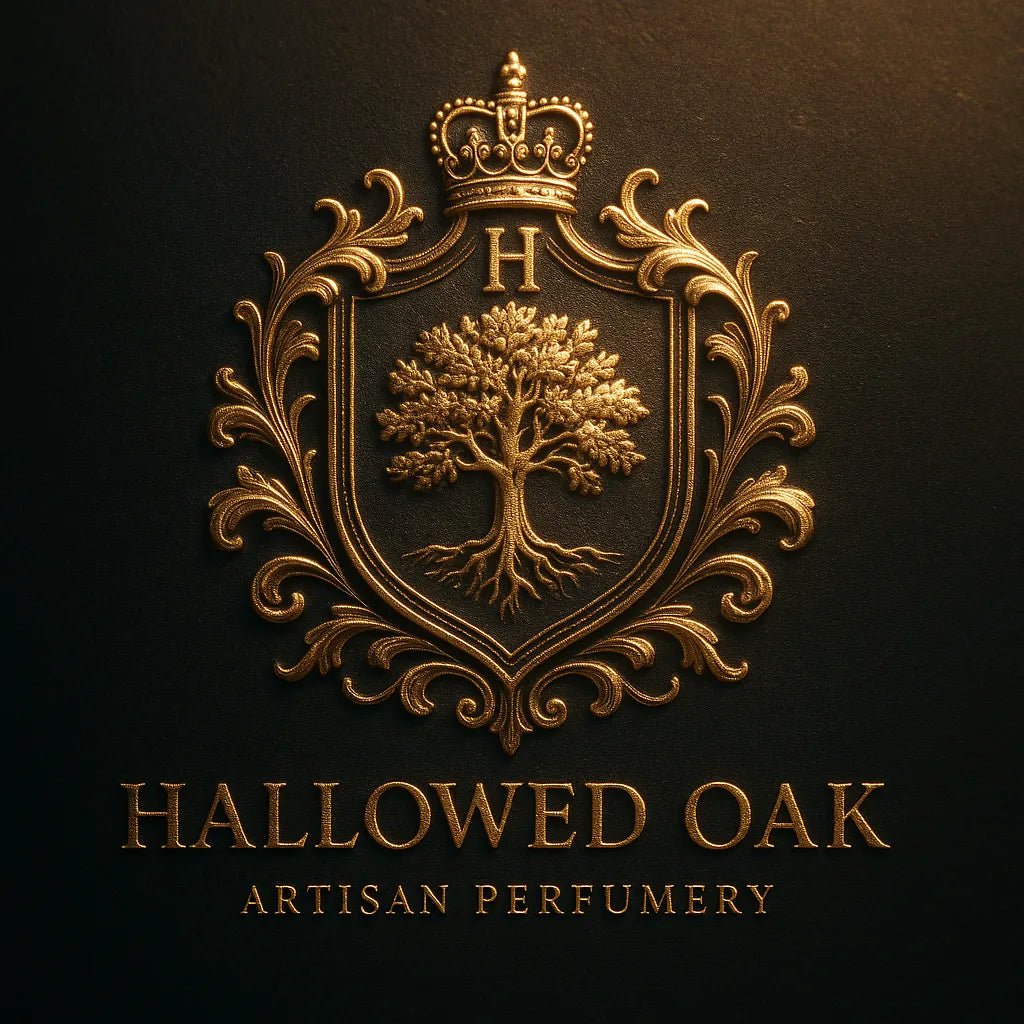 Example output from the Custom Luxury Brand Emblems ChatGPT prompt: elegant crest logos with embossed textures, soft lighting, dual-tone finishes, and regal symmetry—ideal for luxury branding. Hallowed Oak.