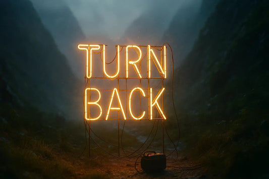 Example output from the Custom Neon Signs In Real Night Scenes ChatGPT prompt: glowing neon text sign. Turn Back.