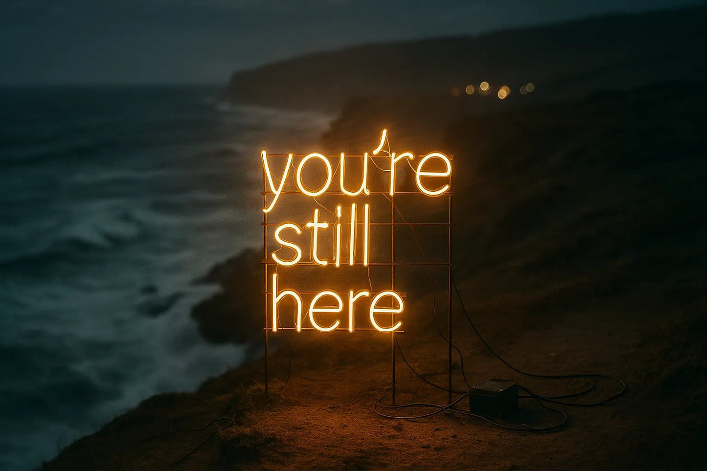 Example output from the Custom Neon Signs In Real Night Scenes ChatGPT prompt: glowing neon text sign. You're still here.