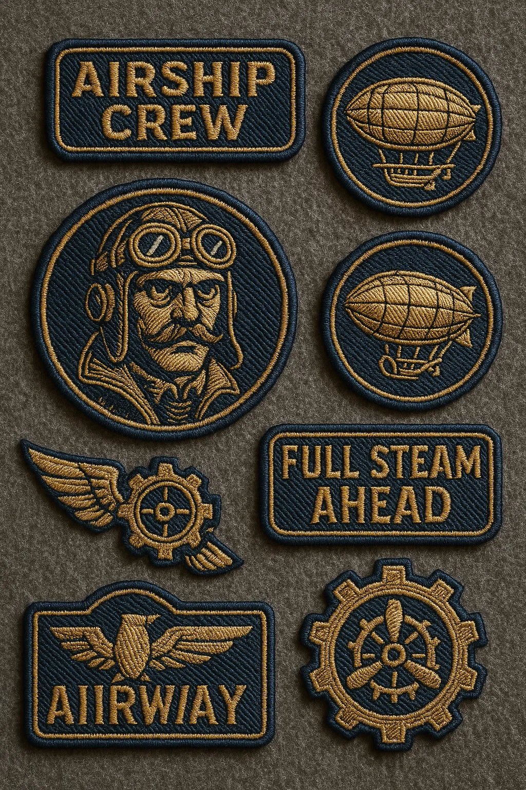 Example output from the Custom Patch Packs Generator ChatGPT prompt: collectible embroidered patch. Airship.