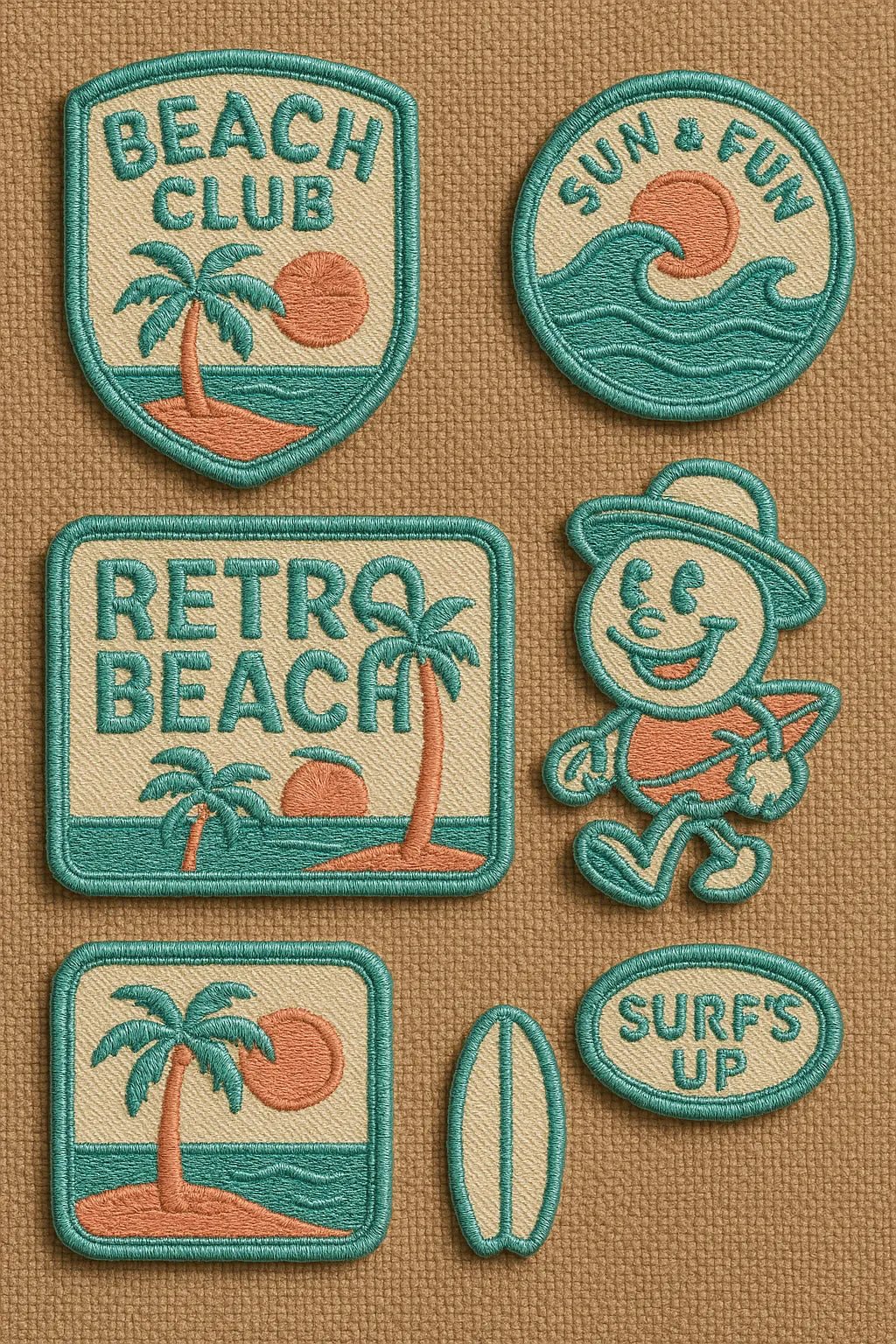 Example output from the Custom Patch Packs Generator ChatGPT prompt: collectible embroidered patch. Beach Club.