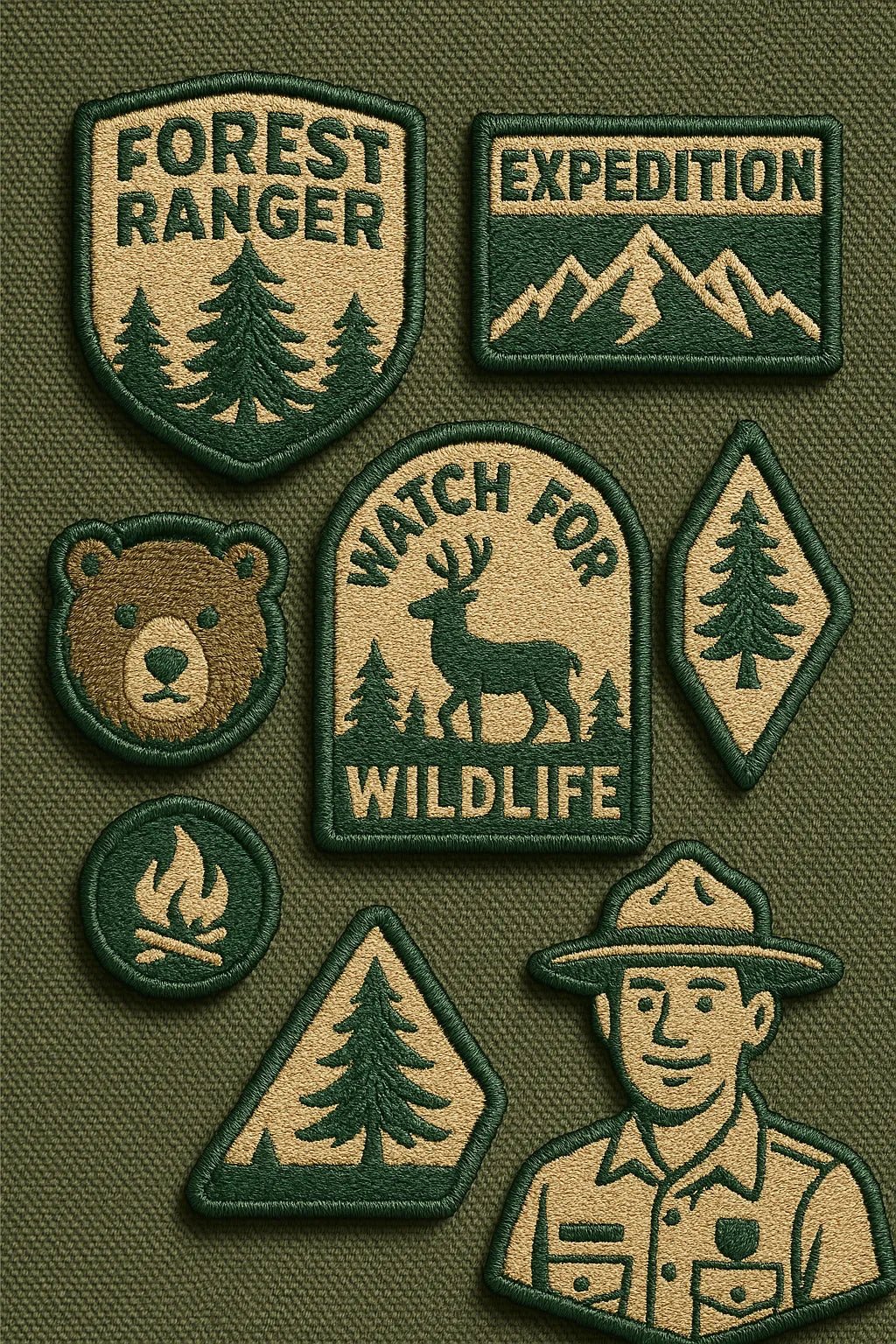 Example output from the Custom Patch Packs Generator ChatGPT prompt: collectible embroidered patch. Forest.