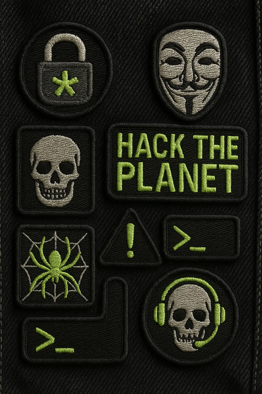 Example output from the Custom Patch Packs Generator ChatGPT prompt: collectible embroidered patch. Hacker.