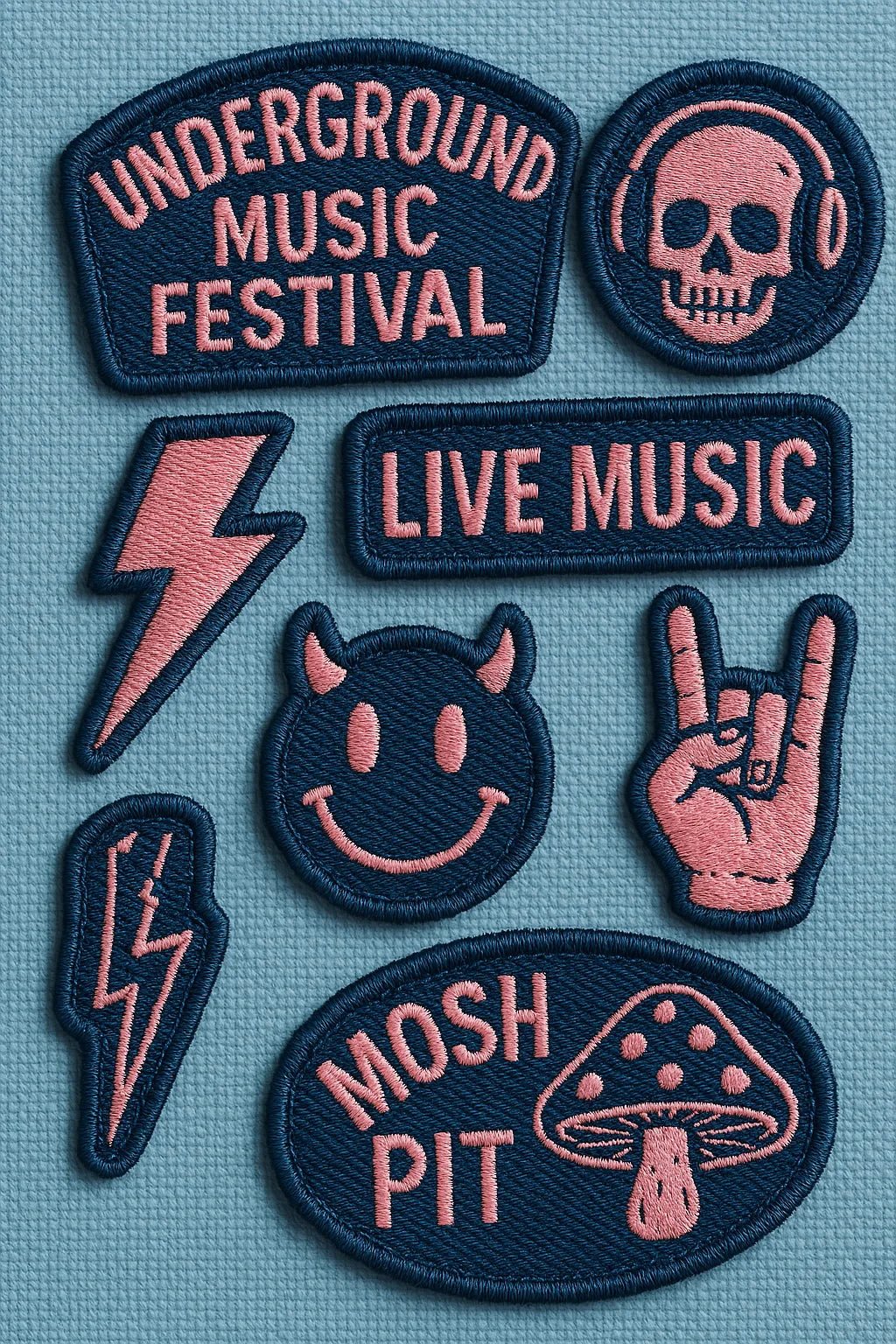 Example output from the Custom Patch Packs Generator ChatGPT prompt: collectible embroidered patch. Music.
