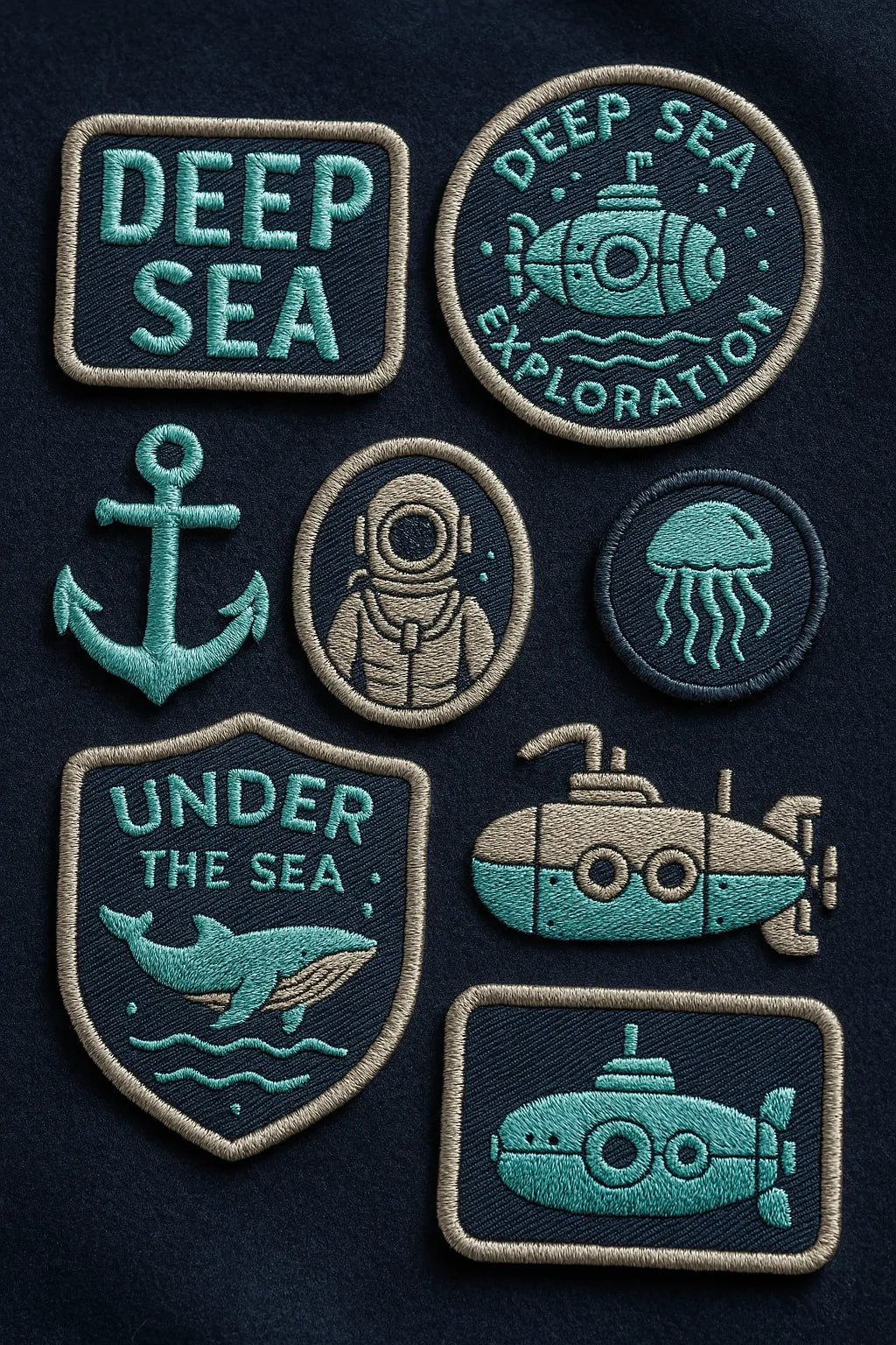 Example output from the Custom Patch Packs Generator ChatGPT prompt: collectible embroidered patch. Deep Sea.