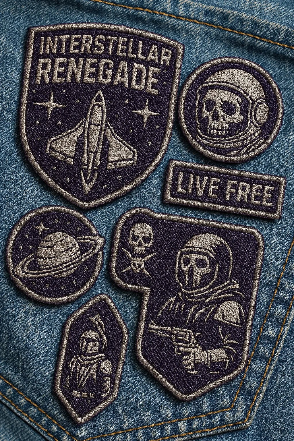 Example output from the Custom Patch Packs Generator ChatGPT prompt: collectible embroidered patch. Space.