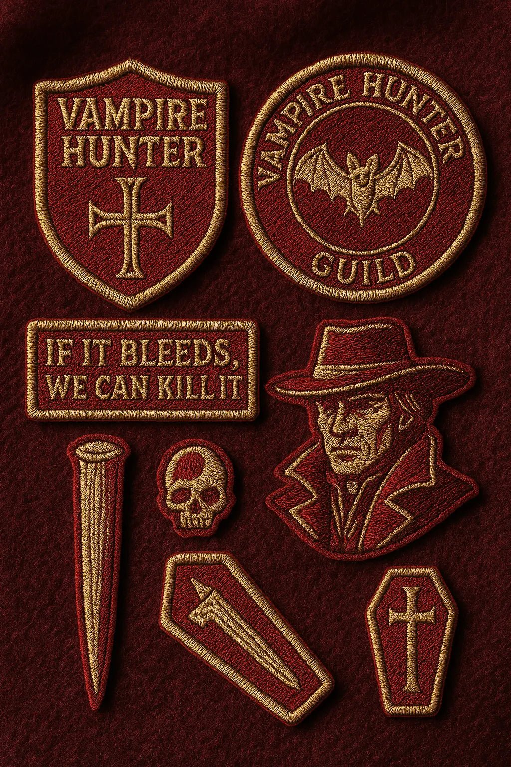 Example output from the Custom Patch Packs Generator ChatGPT prompt: collectible embroidered patch. Vampire.