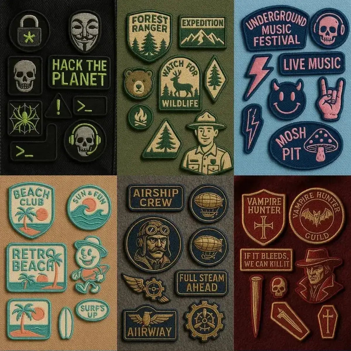 Example output from the Custom Patch Packs Generator ChatGPT prompt: collectible embroidered patches in themed sets, featuring stitched textures, vibrant palettes, realistic shadows, and diverse fabric backdrops.