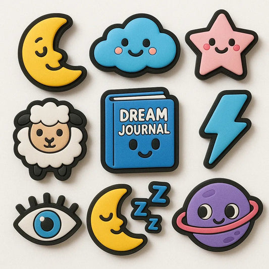 Example output from the Custom Rubber Charm Pack Makers ChatGPT prompt: playful rubber charms with bold cartoon designs, featuring expressive characters, spaced layout, and a clean white background for easy reuse. Dreams.