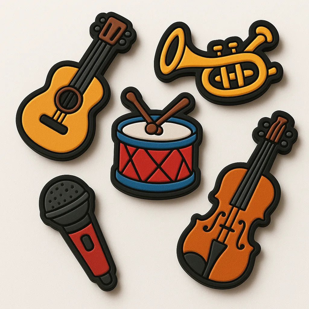 Example output from the Custom Rubber Charm Pack Makers ChatGPT prompt: playful rubber charms with bold cartoon designs, featuring expressive characters, spaced layout, and a clean white background for easy reuse. Music Instruments.