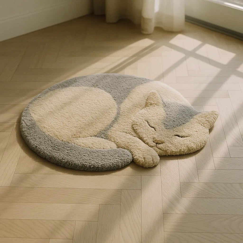 Example output from the Custom Rugs On Floor Photos ChatGPT prompt: tufted novelty rugs in shaped silhouettes, featuring vibrant textures, real-life floor settings, and styled lighting for photo-real product visuals. Cat.