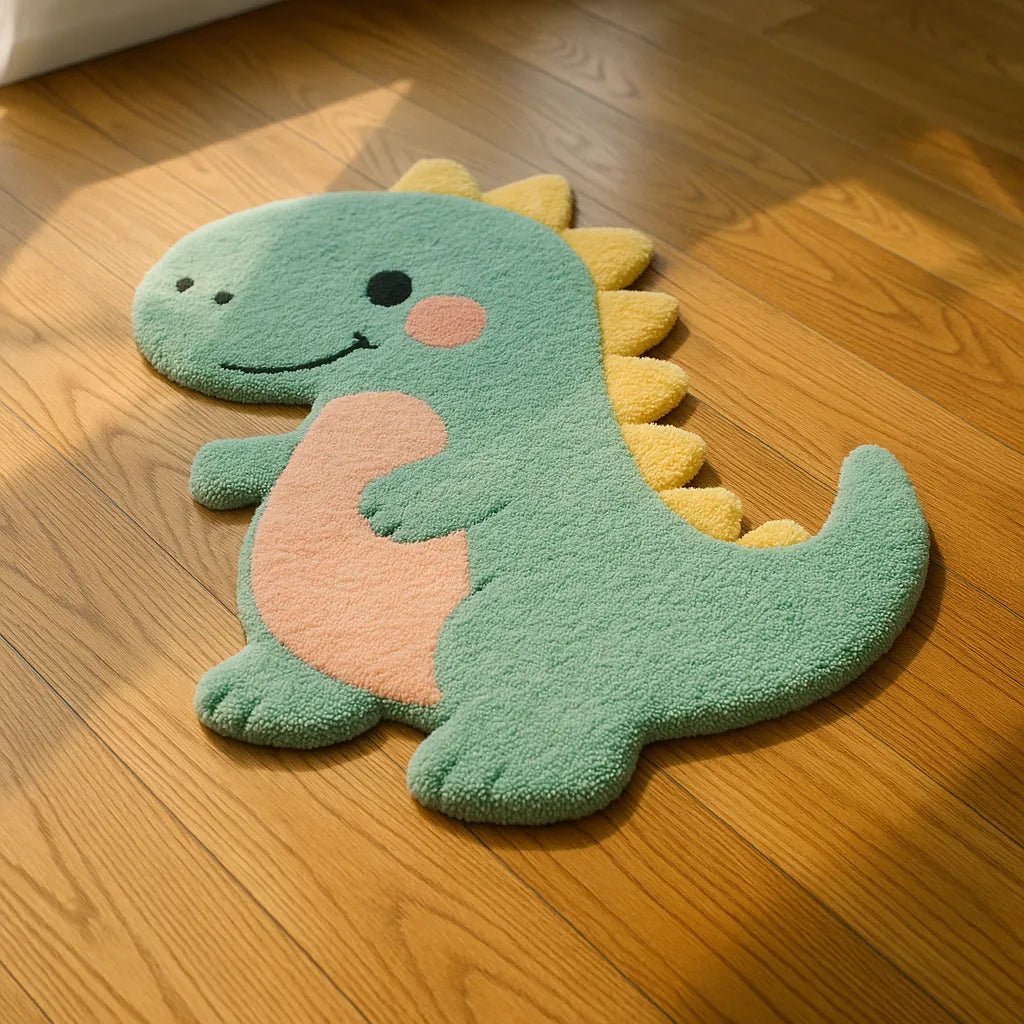 Example output from the Custom Rugs On Floor Photos ChatGPT prompt: tufted novelty rugs in shaped silhouettes, featuring vibrant textures, real-life floor settings, and styled lighting for photo-real product visuals. Dinosaur.