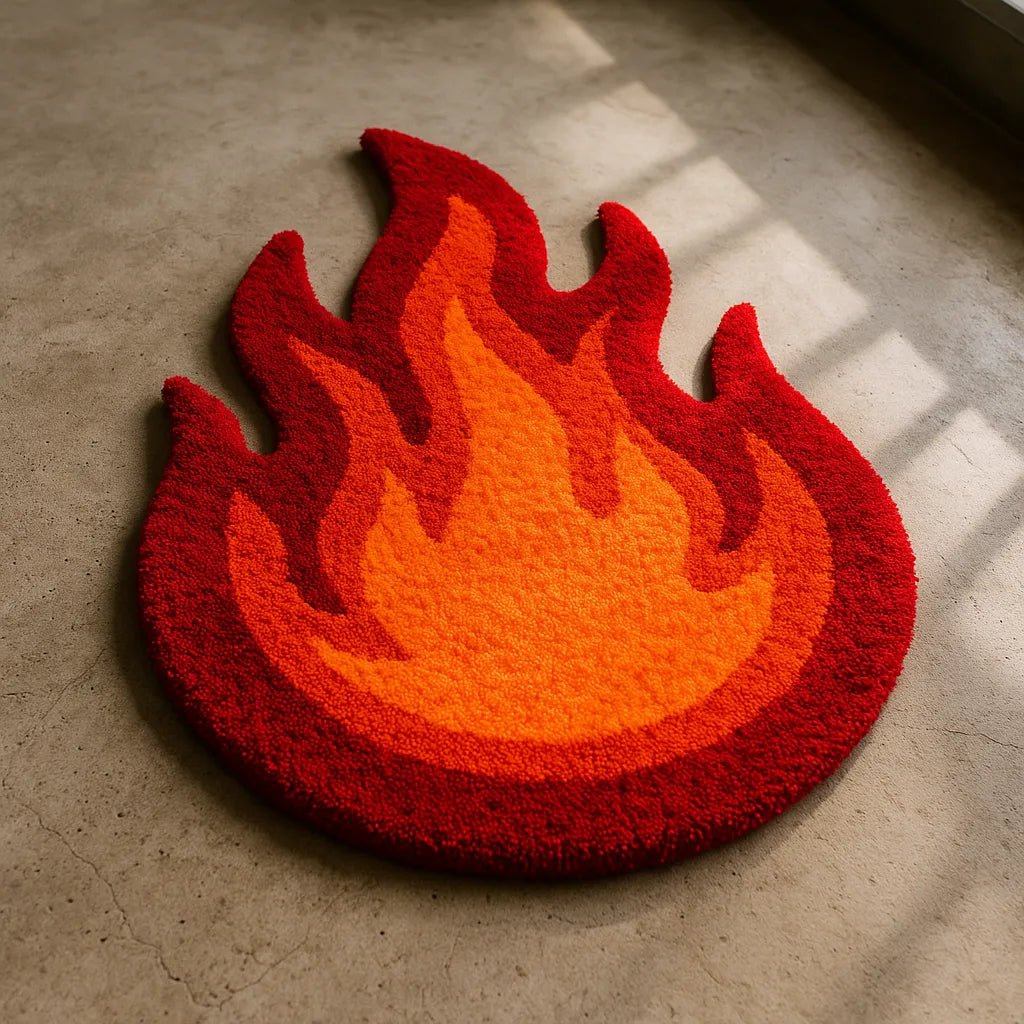 Example output from the Custom Rugs On Floor Photos ChatGPT prompt: tufted novelty rugs in shaped silhouettes, featuring vibrant textures, real-life floor settings, and styled lighting for photo-real product visuals. Fire.