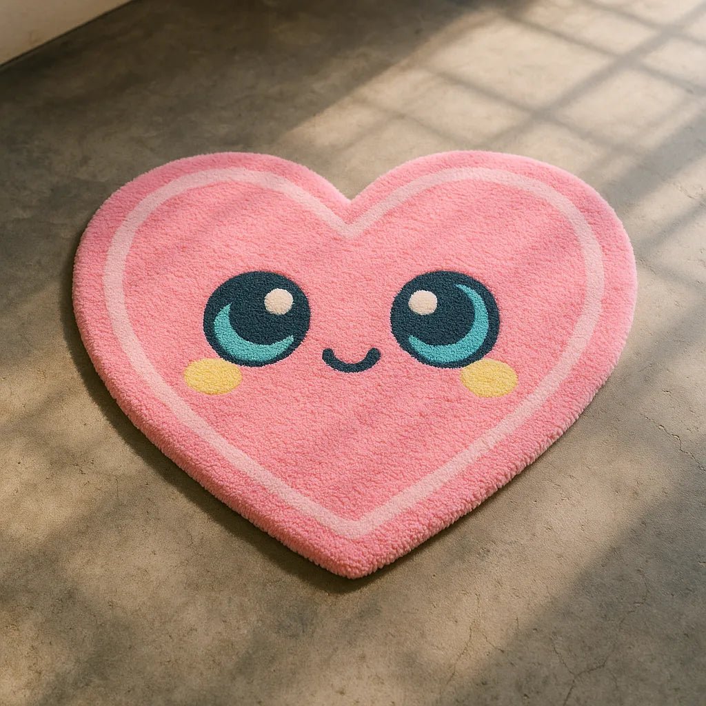 Example output from the Custom Rugs On Floor Photos ChatGPT prompt: tufted novelty rugs in shaped silhouettes, featuring vibrant textures, real-life floor settings, and styled lighting for photo-real product visuals. Pink Heart.