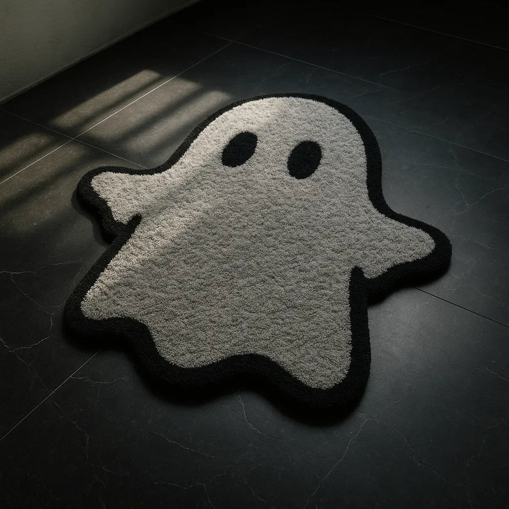 Example output from the Custom Rugs On Floor Photos ChatGPT prompt: tufted novelty rugs in shaped silhouettes, featuring vibrant textures, real-life floor settings, and styled lighting for photo-real product visuals. Phantom.