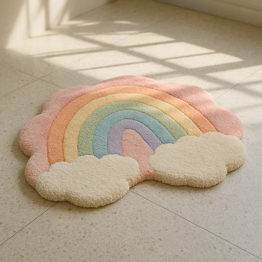 Example output from the Custom Rugs On Floor Photos ChatGPT prompt: tufted novelty rugs in shaped silhouettes, featuring vibrant textures, real-life floor settings, and styled lighting for photo-real product visuals. Rainbow.