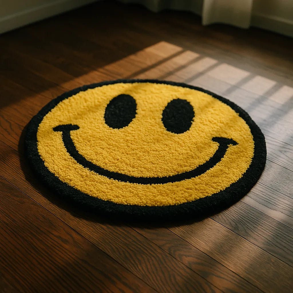 Example output from the Custom Rugs On Floor Photos ChatGPT prompt: tufted novelty rugs in shaped silhouettes, featuring vibrant textures, real-life floor settings, and styled lighting for photo-real product visuals. Smily Face.