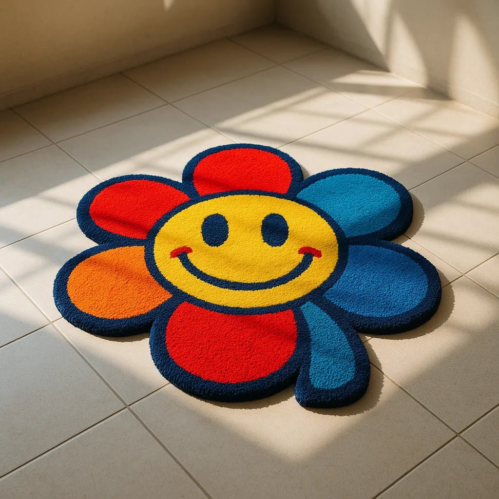 Example output from the Custom Rugs On Floor Photos ChatGPT prompt: tufted novelty rugs in shaped silhouettes, featuring vibrant textures, real-life floor settings, and styled lighting for photo-real product visuals. Smily Flower.