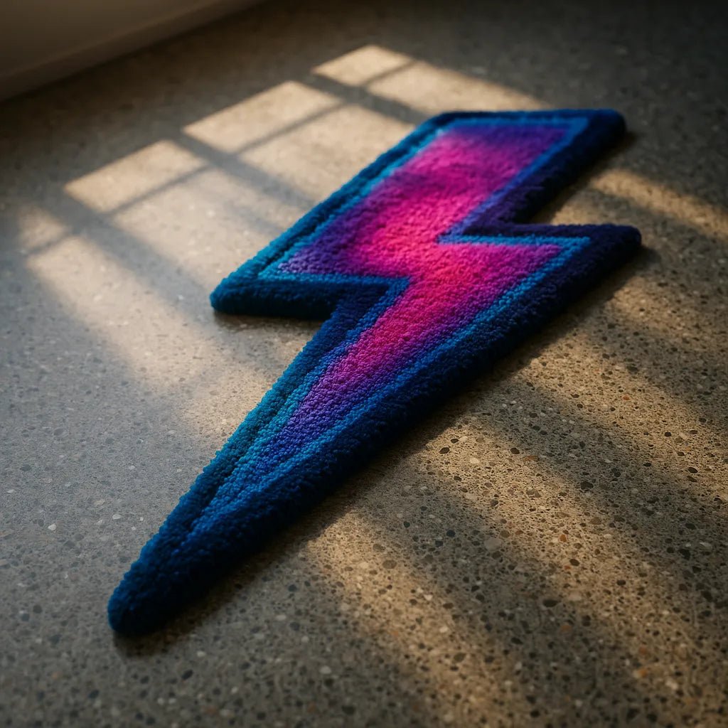 Example output from the Custom Rugs On Floor Photos ChatGPT prompt: tufted novelty rugs in shaped silhouettes, featuring vibrant textures, real-life floor settings, and styled lighting for photo-real product visuals. Thunder.