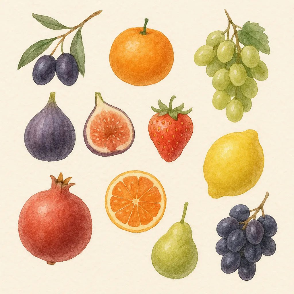 Example output from the Custom Watercolor Illustration Sheets ChatGPT prompt: hand-painted elements. Fruits.